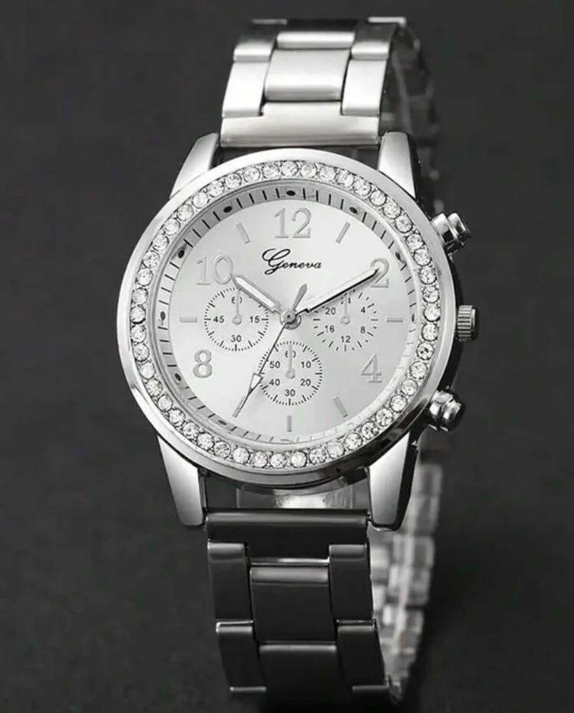 Luxury Silver Stainless Steel Strap Classic Quartz Watch Jewellery Set
