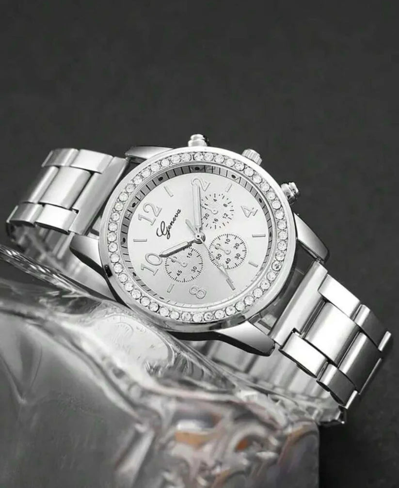 Luxury Silver Stainless Steel Strap Classic Quartz Watch Jewellery Set