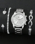 Luxury Silver Stainless Steel Strap Classic Quartz Watch Jewellery Set