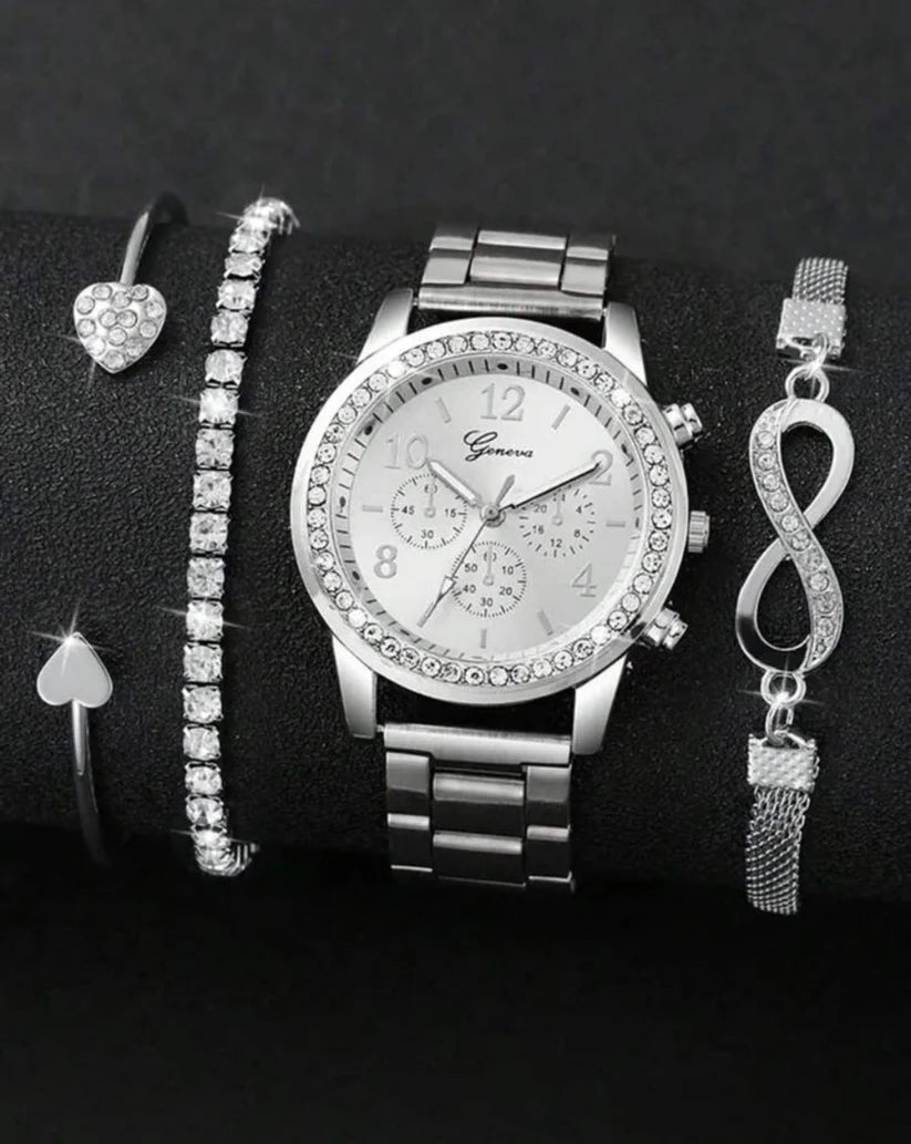 Luxury Silver Stainless Steel Strap Classic Quartz Watch Jewellery Set